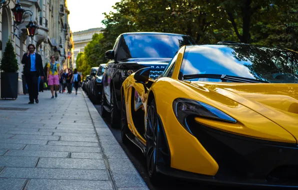 McLaren, Paris, Car, Sunset, Yellow, People, SuperCar