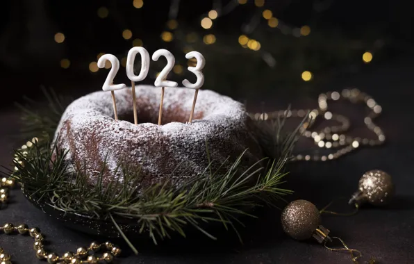 Balls, figures, pie, cake, New year, needles, date, cupcake