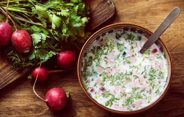 Dill, bowl, radishes, hash
