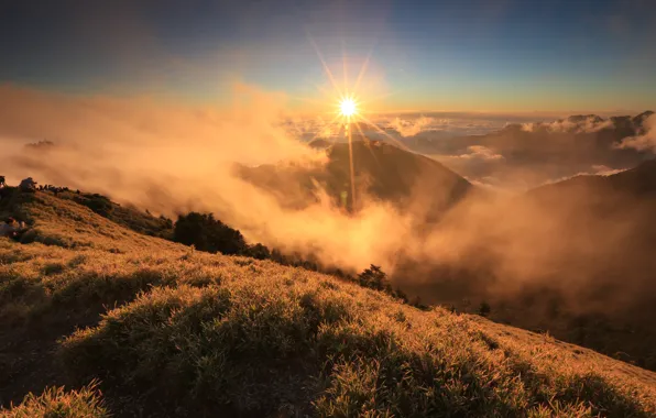 Picture the sun, clouds, landscape, clouds, mountain, morning