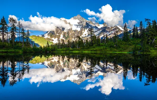 Clouds, trees, mountains, lake, reflection, Mountain Shuksan, The cascade mountains, Washington State