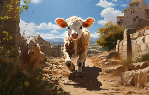 Clouds, Home, Stones, Running, Digital art, Calf, AI art, The Art of Artificial Intelligence
