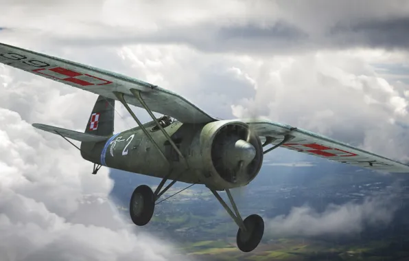 The sky, figure, art, fighter-monoplane, single-engine, WW2, Polish, PZL P.11