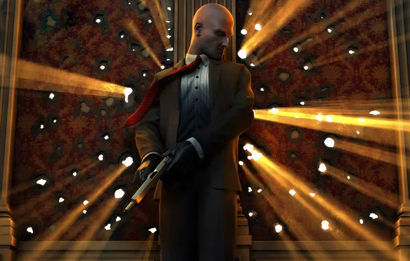 Weapons, wall, shot, costume, Hitman, bald