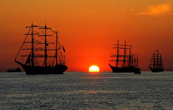 Sea, the sun, sunset, ship, sailboat, glow