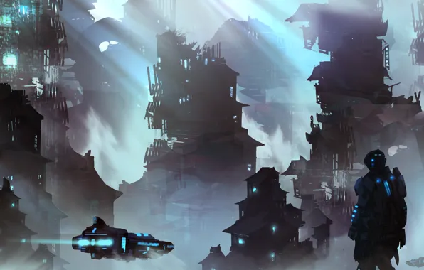 Figure, The city, Style, Soldiers, Landscape, Art, Fiction, Landscapes
