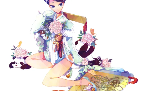 Two, fan, kimono, Geisha, sitting, Panda