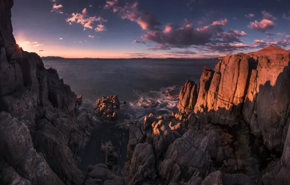Sea, wave, the sky, the sun, clouds, rays, light, mountains