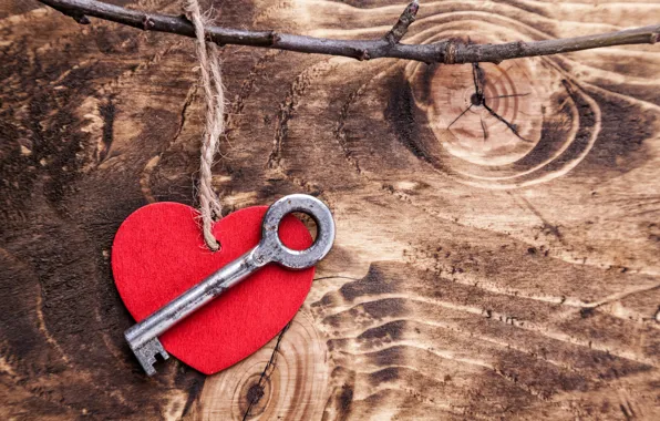 Love, romance, heart, key, red, love, heart, wood