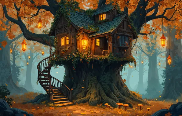 Autumn, forest, branches, fog, glade, foliage, Windows, tale