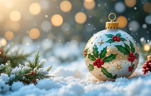 Winter, snow, ball, Christmas, New year, needles, bokeh, AI art