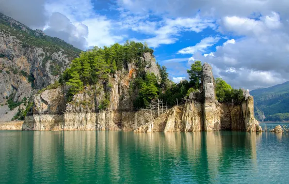 Mountains, lake, rocks
