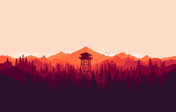Forest, sunset, mountains, birds, tower, the long dark