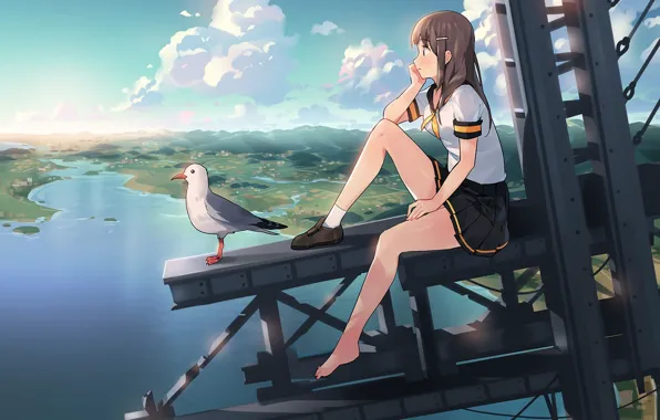 Girl, landscape, height, Seagull, anime, art, the sky. clouds, ddal