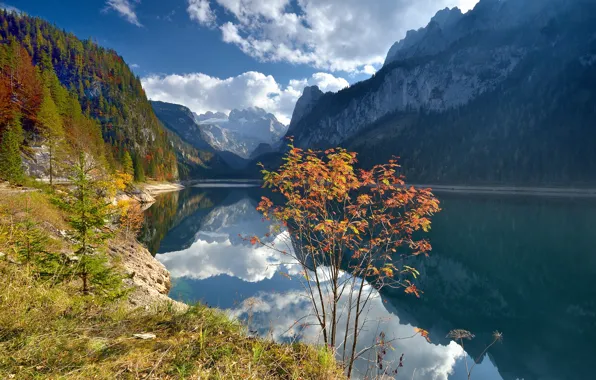 Autumn, clouds, trees, landscape, mountains, nature, lake, reflection