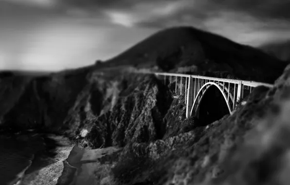 Mountains, bridge, photo, black and white, treatment, art, image