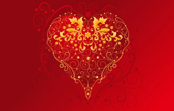 Red, heart, gold, Valentine's day, 14 Feb, the holiday of all lovers, St. Valentine, heart …
