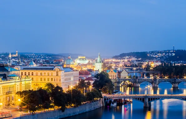 Lights, twilight, night, bridges, dusk, reflection, Prague, blue hour