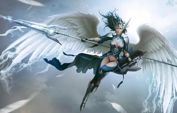 Picture Girl, Fantasy, Sky, Art, Style, Warrior, Shield, Wings