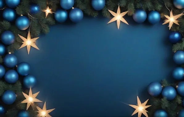 Stars, balls, frame, Christmas, New year, needles, blue, blue background