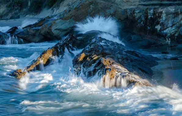 Picture sea, foam, squirt, stones, rocks, shore, CA, surf