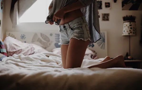Girl, room, shorts, bed