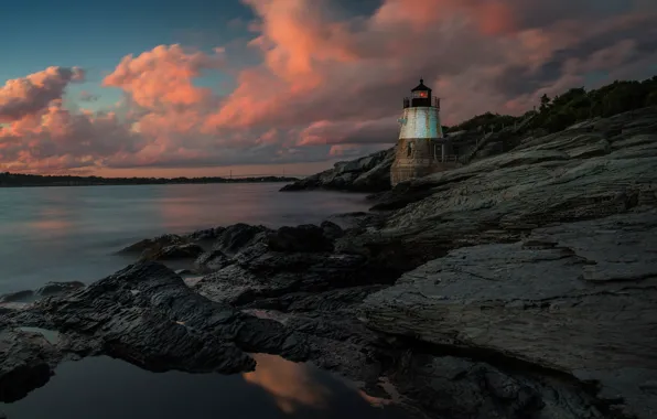 Sea, the sky, clouds, stones, rocks, shore, lighthouse, twilight