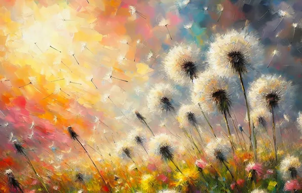 Summer, the sun, light, flight, flowers, paint, glade, oil