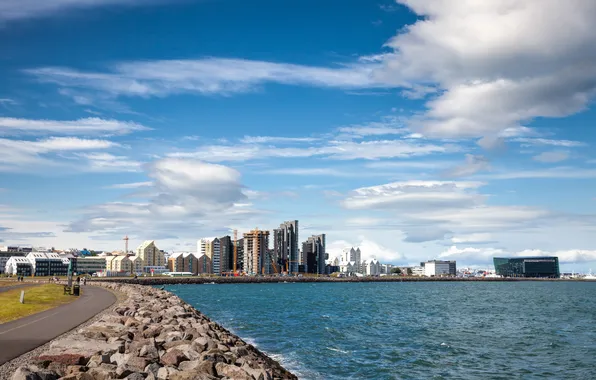 Skyline, seaside, promenade, structure, seacoast, reykjavik, seafront