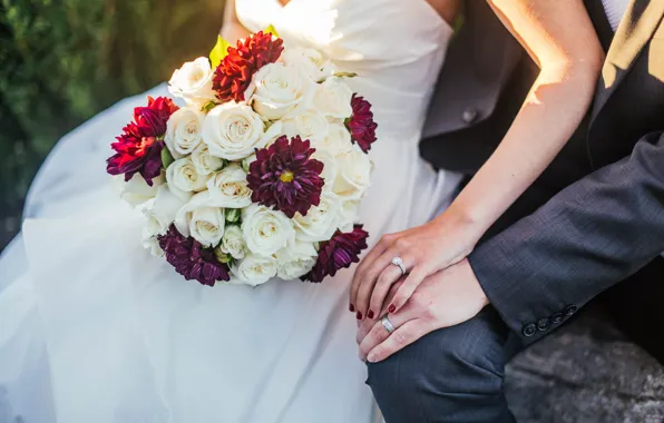 Flowers, bouquet, ring, hands, family, the bride, wedding, the groom