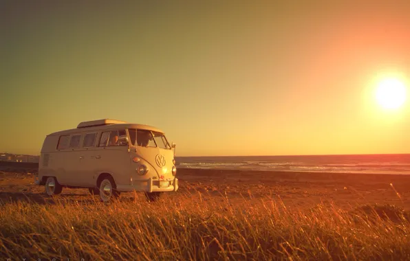 Beach, grass, girl, Volkswagen, solar, Volkswagen Transporter