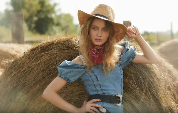 Hat, woman, young, beautiful, hay