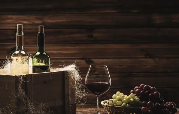 Wine, glass, grapes, tube, bottle, box
