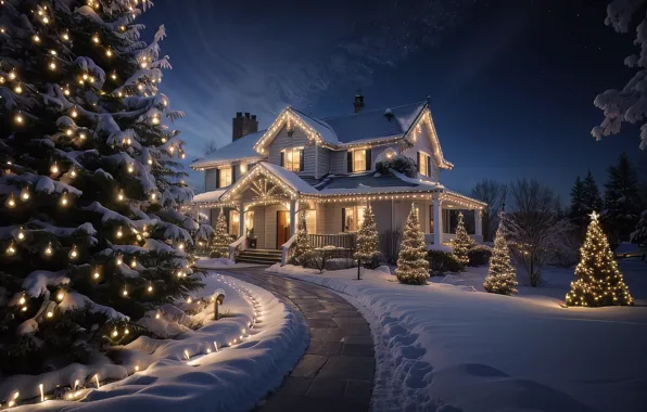 Winter, snow, decoration, night, lights, house, tree, New Year