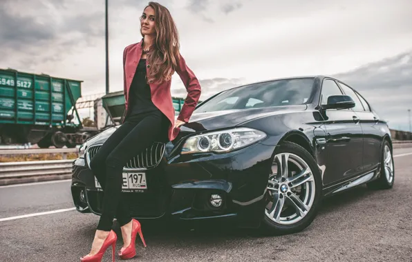 Picture BMW, Girl, Car, Legs, Model, Woman, View, Road