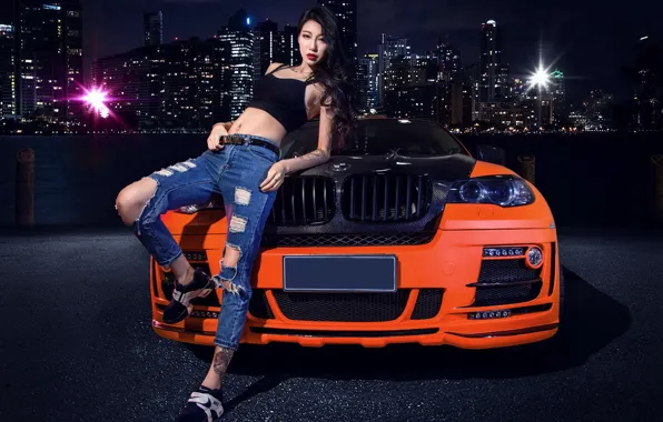 Auto, look, Girls, BMW, Asian, beautiful girl, leaning on the car