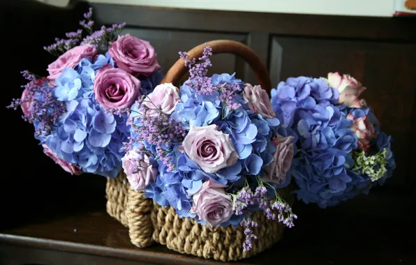 Picture flowers, basket, roses, hydrangea