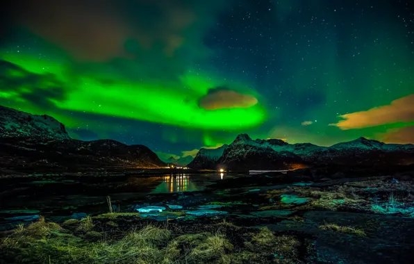 Winter, night, Northern lights, Norway, The Lofoten Islands