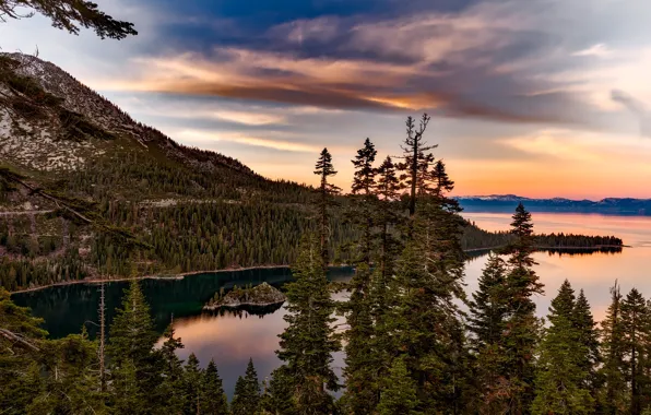 Forest, trees, sunset, mountains, lake, the evening, CA, USA