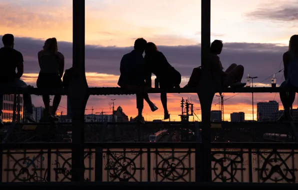 Bridge, the city, people, girls, mood, the evening, guys, silhouettes