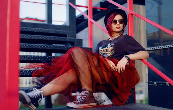 Picture girl, pose, style, sneakers, skirt, glasses, ladder, hat