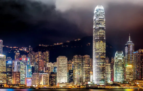 The city, night lights, Hong Kong, Asia, skyscrapers, megapolis, Hong Kong, Asia