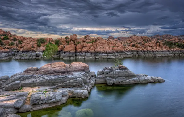 Summer, lake, rocks, the evening, AZ, USA, Prescott, Watson
