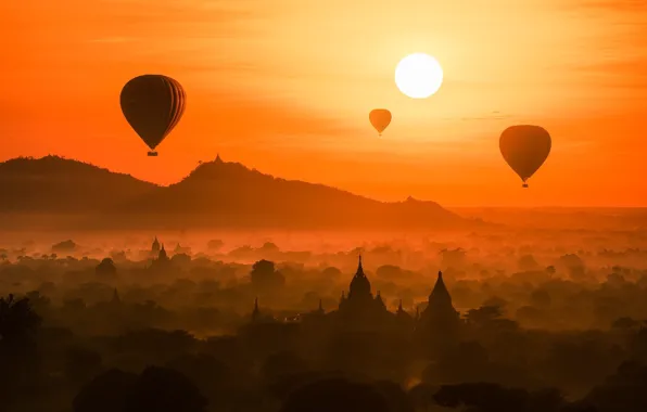 Picture forest, the sun, flight, sunset, balloons, temple, forest, architecture