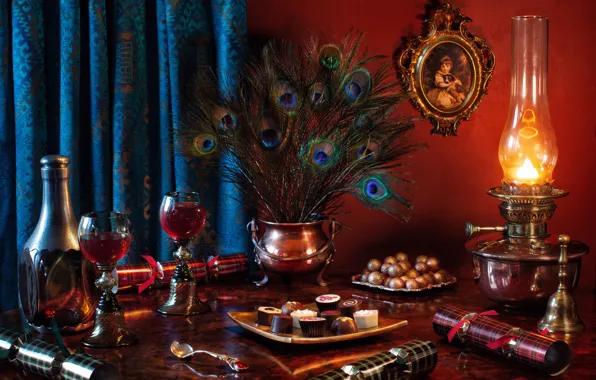 Picture style, wine, lamp, picture, glasses, candy, still life, peacock feathers