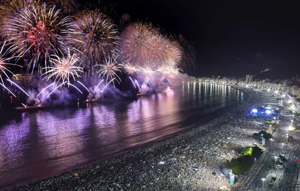 Beach, night, the city, lights, coast, New Year, Brazil, New Year