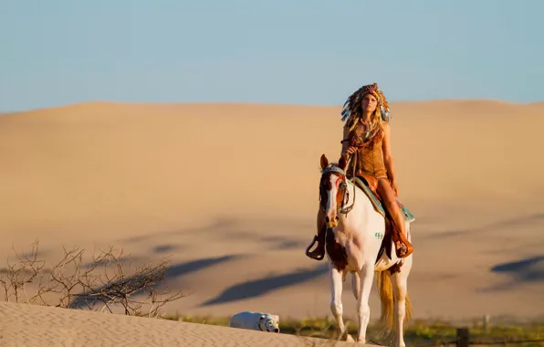 Sand, girl, horse, desert, horse, dog, headdress