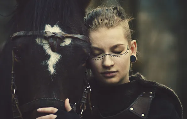 Girl, nature, face, style, the dark background, horse, horse, portrait