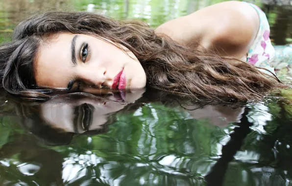 Picture water, girl, reflection, hair, makeup