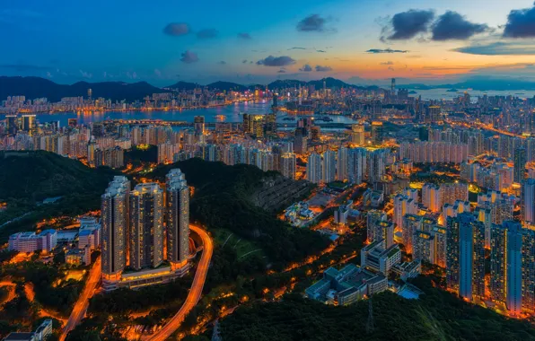 China, building, Hong Kong, panorama, China, night city, skyscrapers, Hong Kong
